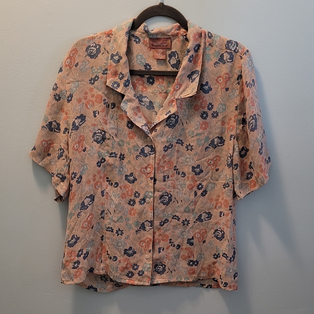 Worthington Peach Floral Short-Sleeve Button-Down Blouse